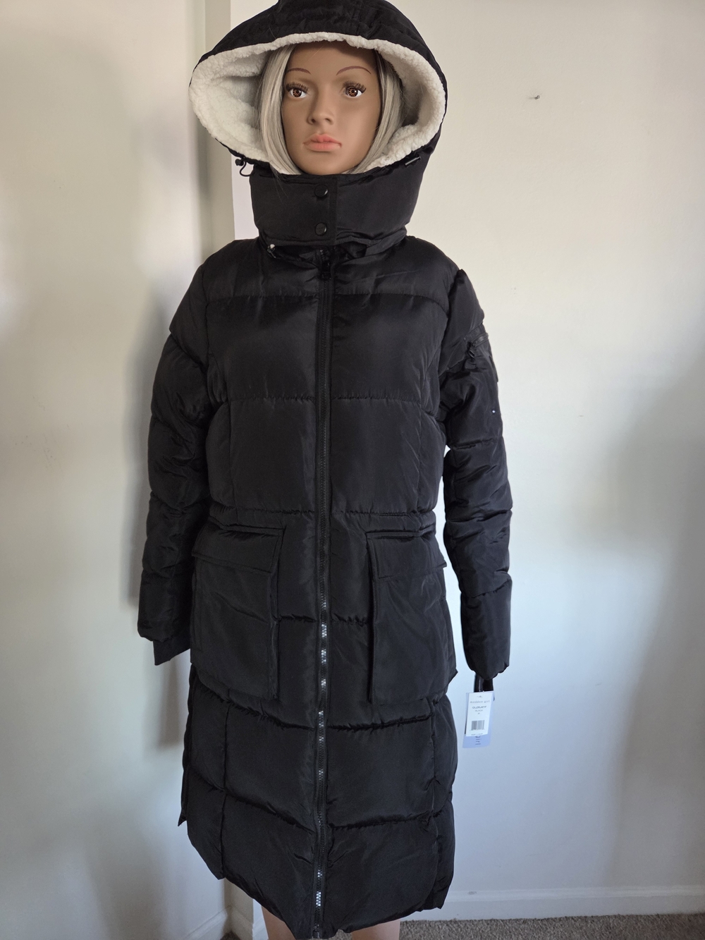 Madden Girl Juniors' Black Long Hooded Puffer Coat Sherpa Trim Size Medium